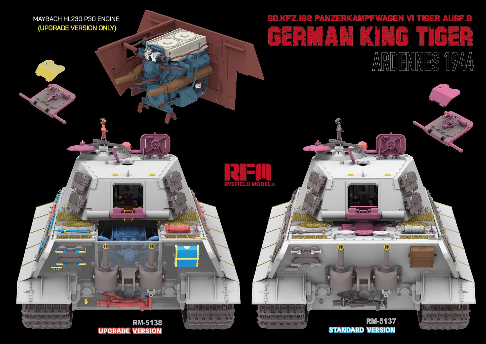 Detalle de motor de la maqueta del tanque alemán King Tiger Ausf B en la Batalla de las Ardenas (version estándar) en escala 1:35 del fabricante RFM referencia 5137