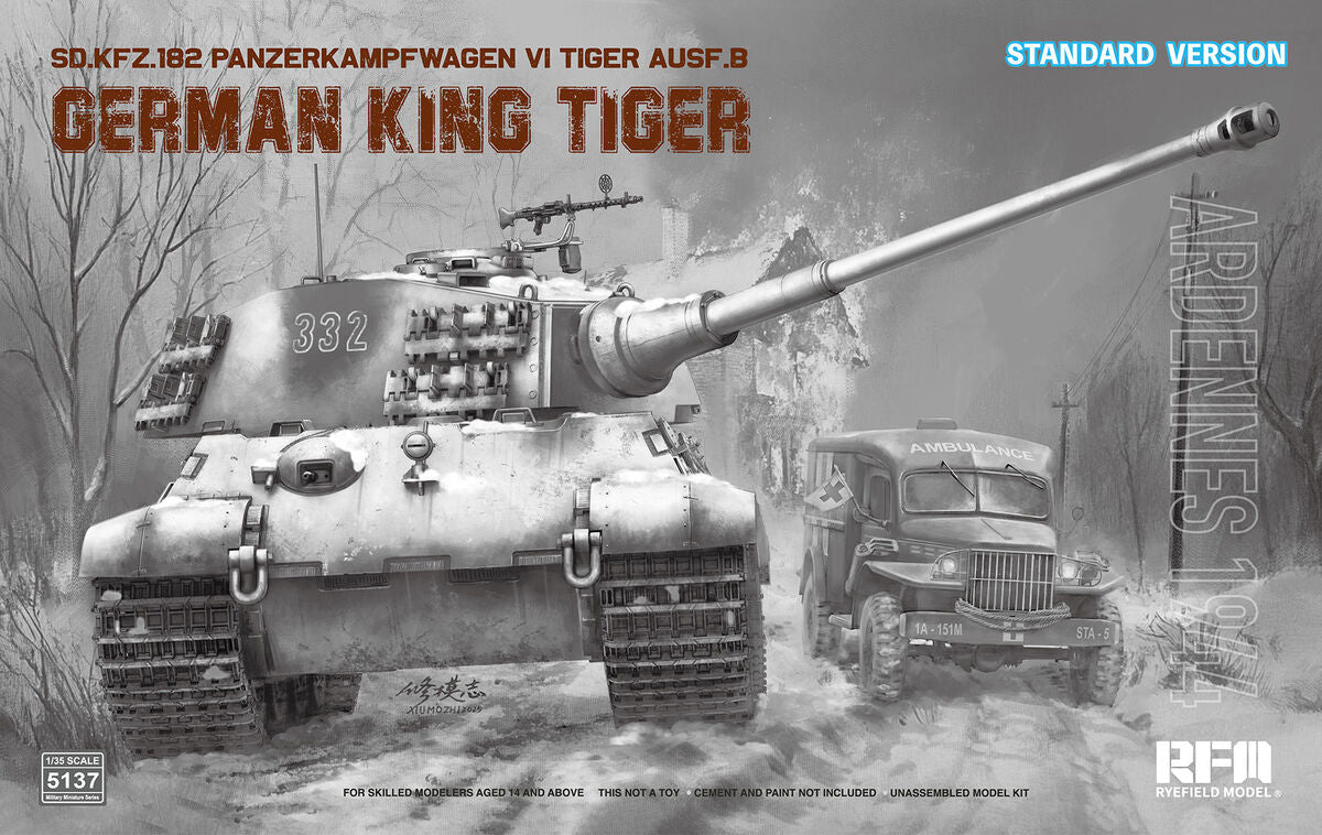 Portada de la caja de la maqueta del tanque alemán King Tiger Ausf B en la Batalla de las Ardenas (version estándar) en escala 1:35 del fabricante RFM referencia 5137