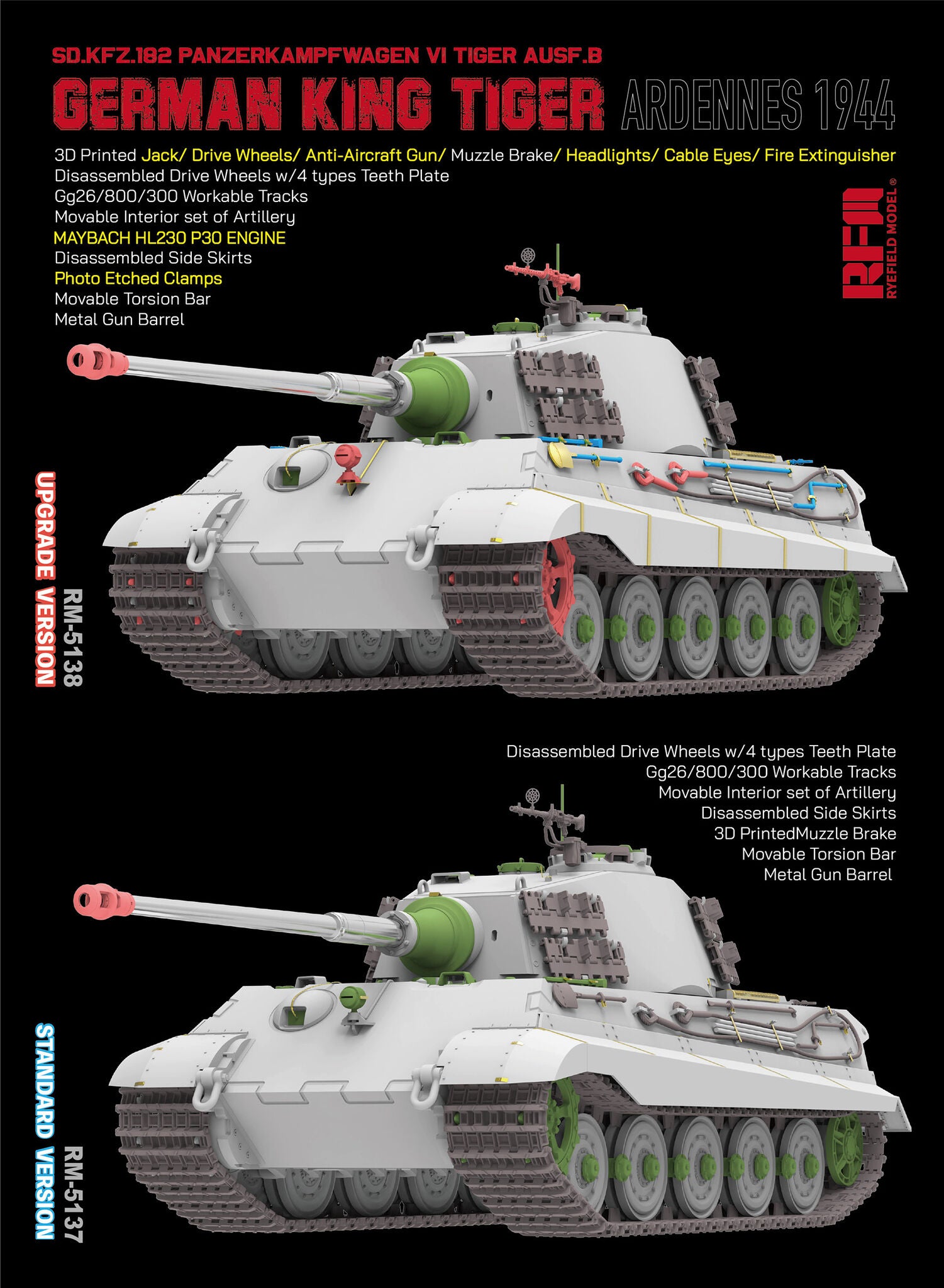 Detelle de las dos versiones de la maqueta del tanque alemán King Tiger Ausf B en la Batalla de las Ardenas en escala 1:35 del fabricante RFM