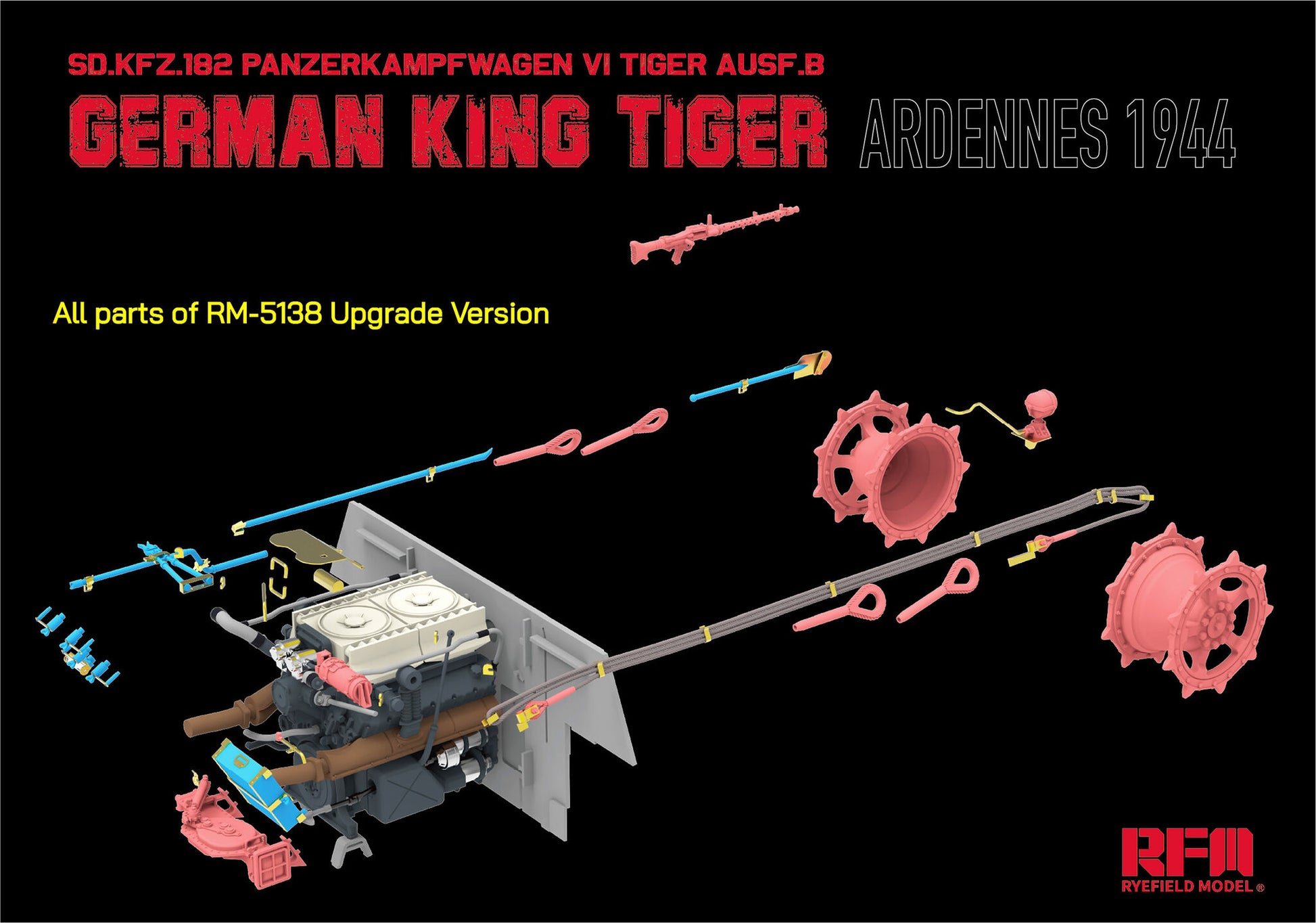 Detalle de las mejoras de la versión ipgrade de la maqueta del tanque alemán King Tiger Ausf B en la Batalla de las Ardenas en escala 1:35 del fabricante RFM referencia 5138