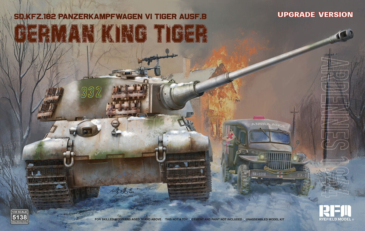 Portada de la caja de la maqueta del tanque alemán King Tiger Ausf B en la Batalla de las Ardenas (version upgrade) en escala 1:35 del fabricante RFM referencia 5138