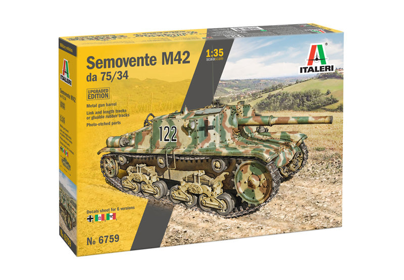 Portada de la caja de la maqueta del carro italiano Semovente M2 en versión mejorada en escala 1:35 de Italeri referencia 6759
