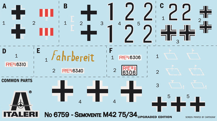 Calcas de la maqueta del carro italiano Semovente M2 en versión mejorada en escala 1:35 de Italeri referencia 6759