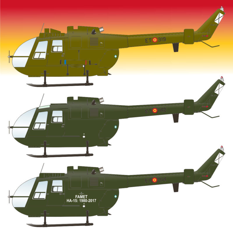 Set de calcas españolas para los helicópteros Bö-105 de las FAMET en escala 1:2 del fabricante Series Españolas referencia 5032