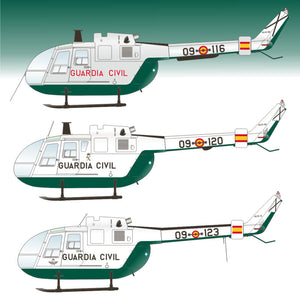 Set de calcas españolas para los helicópteros Bö-105 en escala 1:32 del fabricante Series Españolas referencia 3632