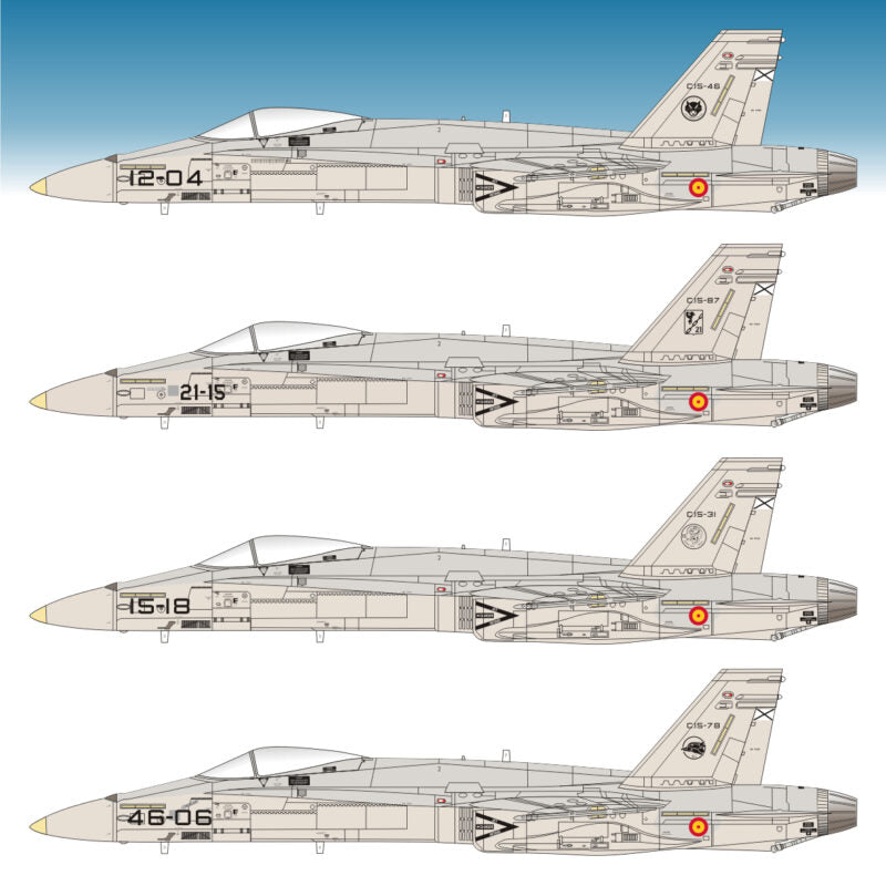 Set de calcas con insignias españolas para las maquetas del avión EF-18 A de todas las Alas del Ejército del Aire, en escala 1:72 de Series Españolas con referencia 1272