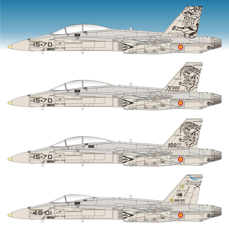 Set de calcas con insignias españolas para las maquetas del avión EF-18 A y B para el conmemoraciones por horas de vuelo, del Ala 15  y 46 en escala 1:48 de Series Españolas con referencia 1148