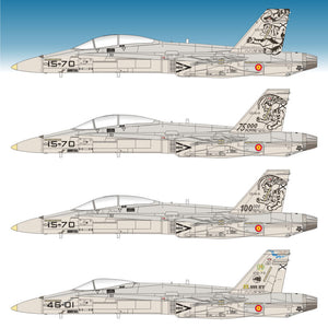 Set de calcas con insignias españolas para las maquetas del avión EF-18 A y B para el conmemoraciones por horas de vuelo, del Ala 15  y 46 en escala 1:48 de Series Españolas con referencia 1148