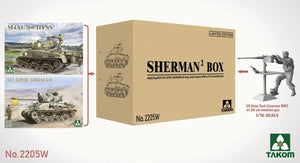 Caja edición limitada de Takom con 2 tanques Sherman, el M4A1 y el M1 SuperSherman en escala 1:35 con una figura de regalo en escala 1:16 referencia 2205W 