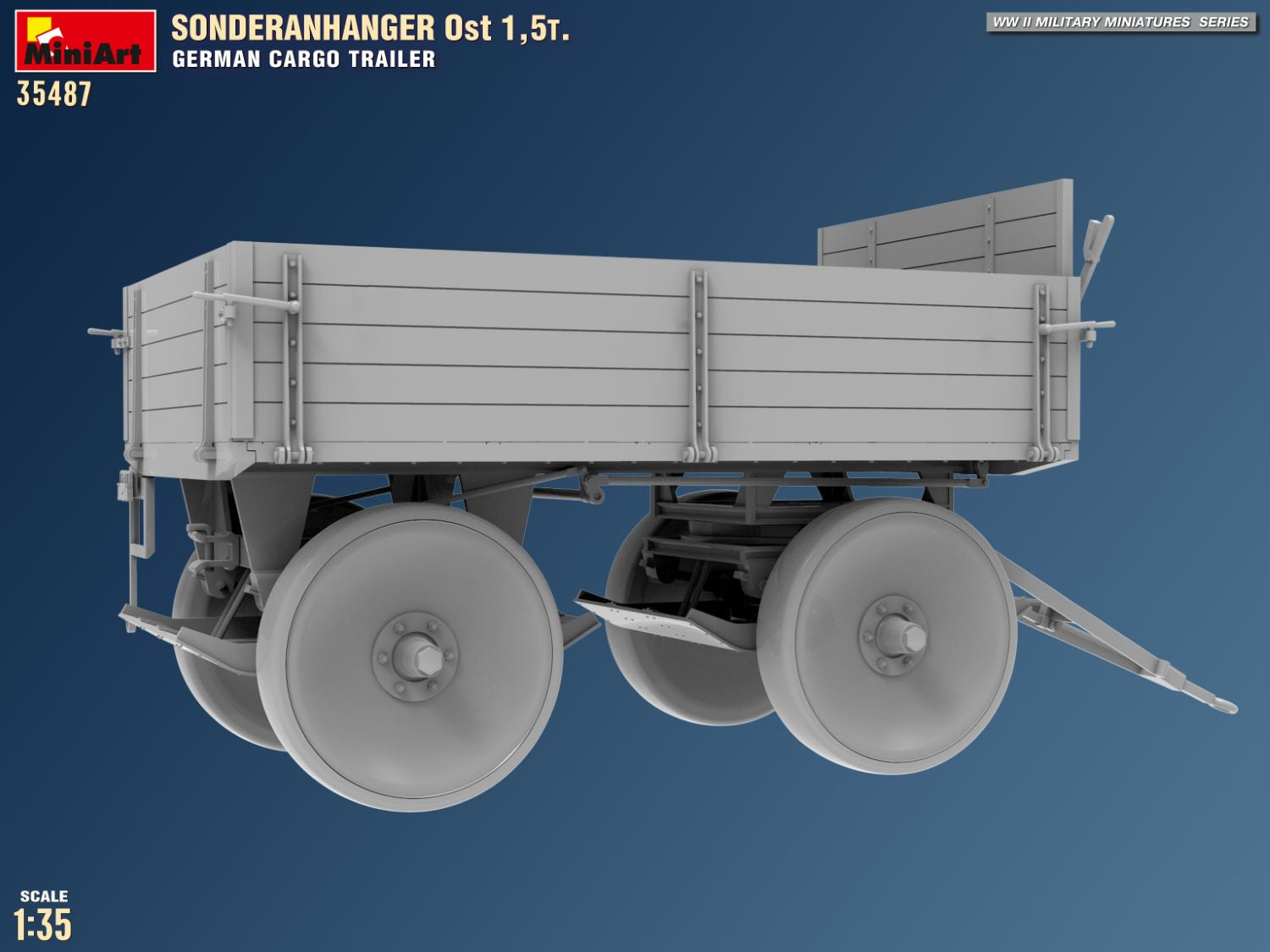 Vista  costado derecho de la maqueta del trailer alemán Soderanhanger Ost de 1,5 toneladas en escala 1:35 de Miniart referencia 35428