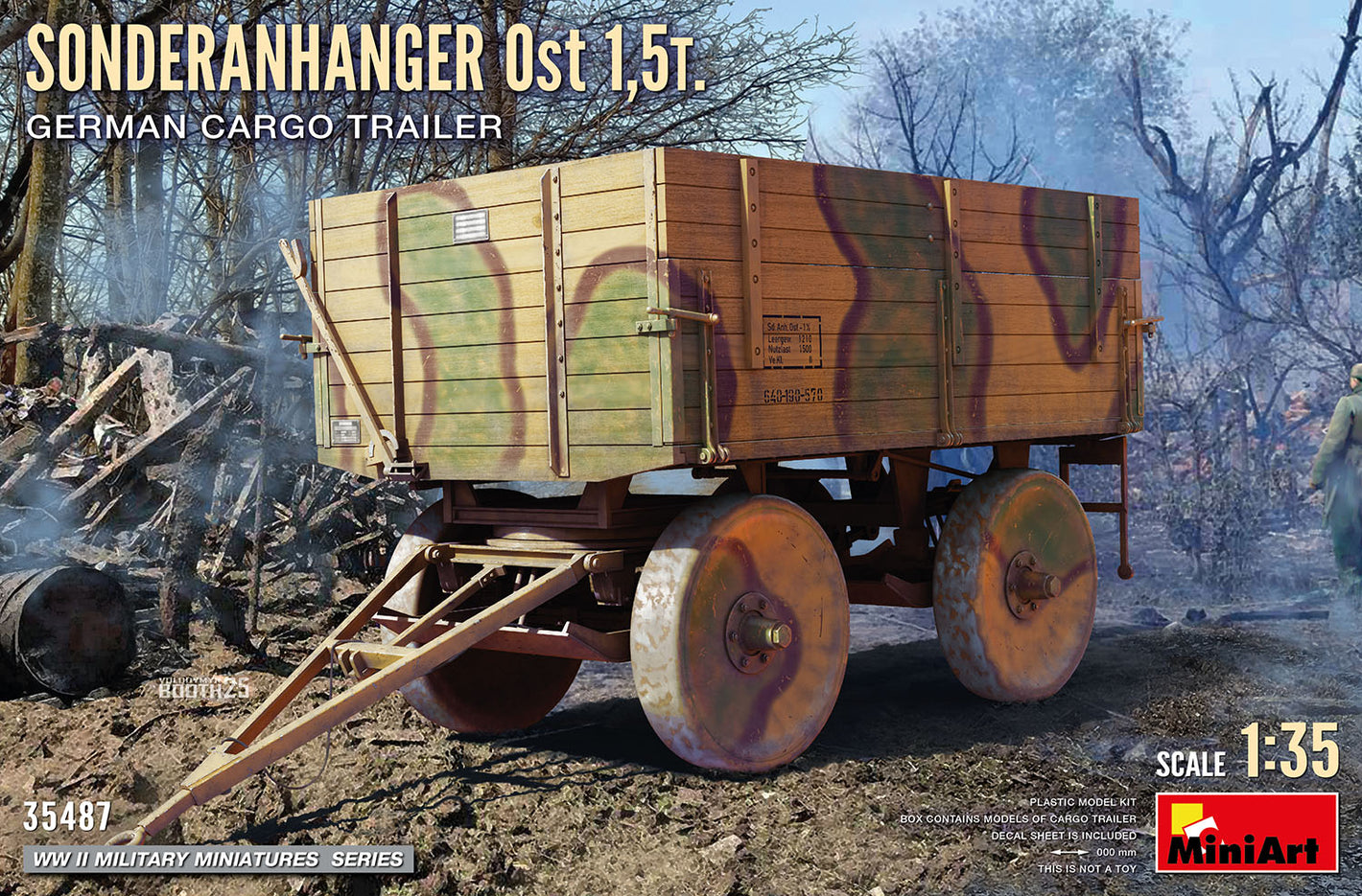 Portada de la caja de la maqueta del trailer alemán Soderanhanger Ost de 1,5 toneladas en escala 1:35 de Miniart referencia 35428