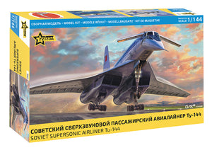 Portada de la caja de la maqueta del avión supersónico de pasajeros soviético Tu-144 en escala 1:144 de Zvezda referencia 7045