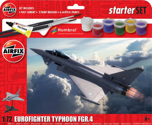 Portada del set de iniciación del caza inglés Eurofighter Typhoon FGR.4 en escala 1:72 con pinceles, pegamento y pinturas del fabricante Airfix referencia 55016