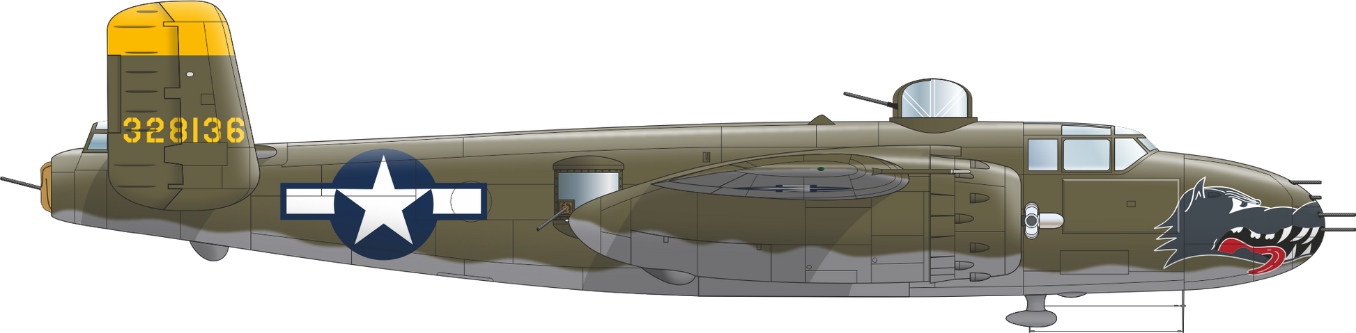 Perfil derecho con decoración 2 del bombardero B-25J Mitchell en escala 1:48 de Eduard referencia 548001