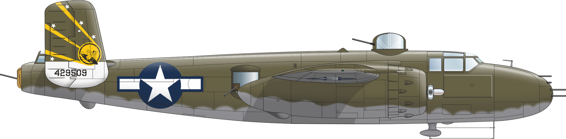Perfil derecho con decoración 3 del bombardero B-25J Mitchell en escala 1:48 de Eduard referencia 548001
