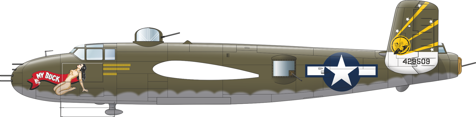 Perfil izquierdo con decoración 3 del bombardero B-25J Mitchell en escala 1:48 de Eduard referencia 548001