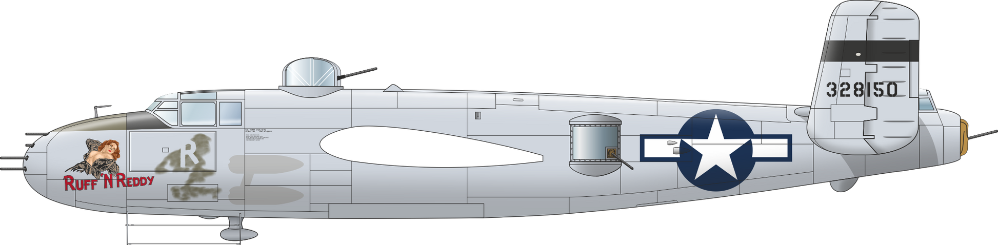 Perfil izquierdo con decoración 4 del bombardero B-25J Mitchell en escala 1:48 de Eduard referencia 548001