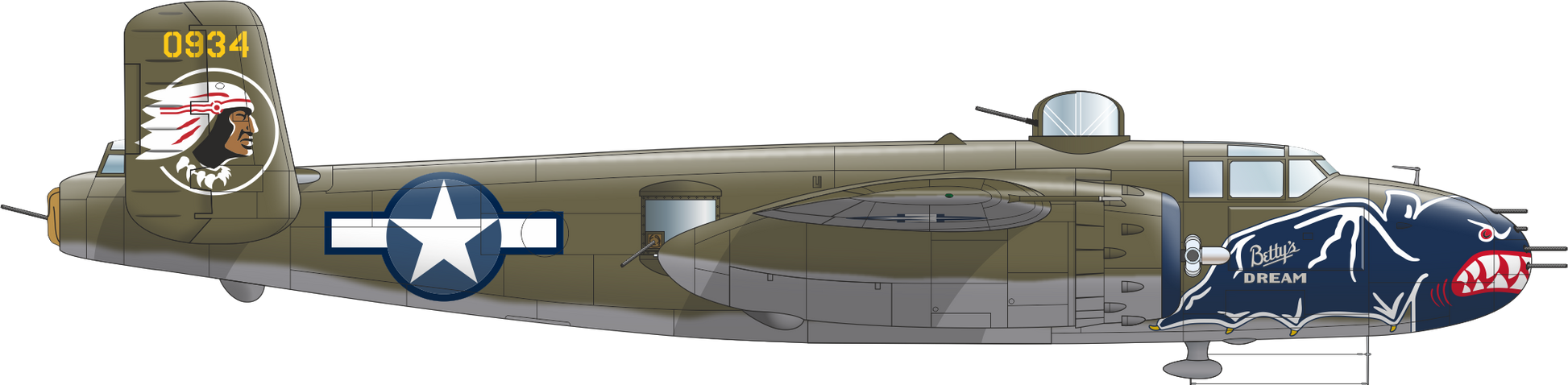 Perfil derecho con decoración 6 del bombardero B-25J Mitchell en escala 1:48 de Eduard referencia 548001
