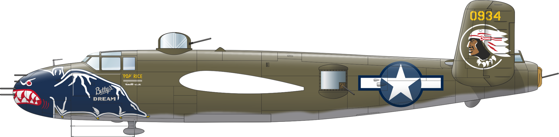 Perfil izquierdo con decoración 6 del bombardero B-25J Mitchell en escala 1:48 de Eduard referencia 548001