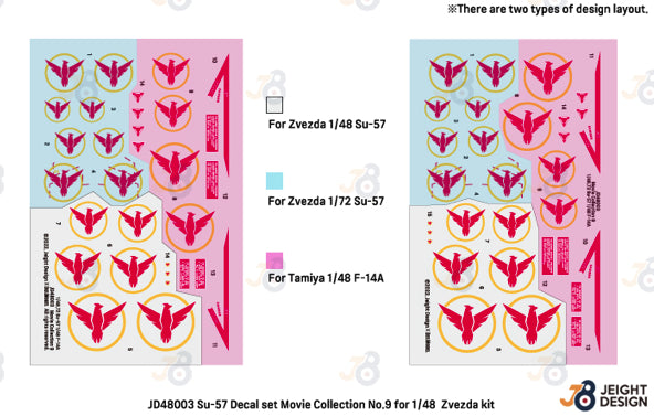 Calcas del set de calcas para caza ruso Su-57 en escalas 1/72 y 1/48 de Def Model referencia JD48003