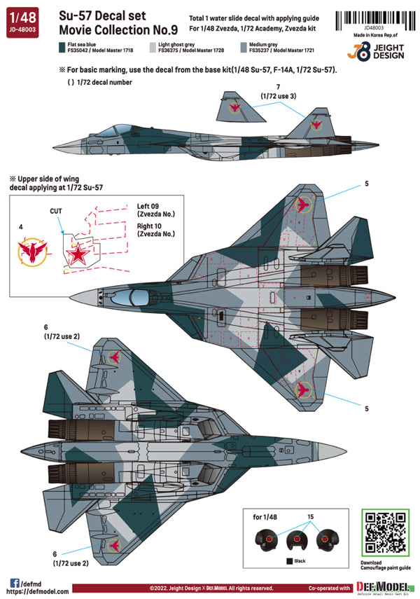 Decoración 1 del set de calcas para caza ruso Su-57 en escalas 1/72 y 1/48 de Def Model referencia JD48003