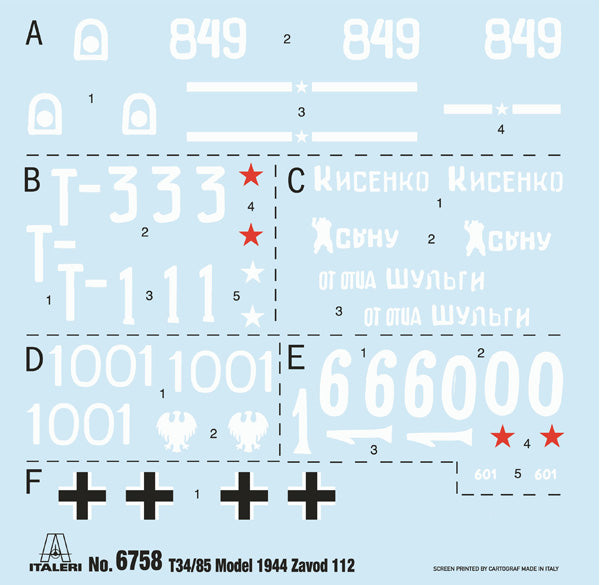 Calcas de la maqueta del carro soviético T-34/85 de la planta 112 en escala 1:35 de Italeri referencia 6758