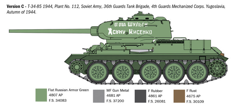 Decoración 3 de la maqueta del carro soviético T-34/85 de la planta 112 en escala 1:35 de Italeri referencia 6758