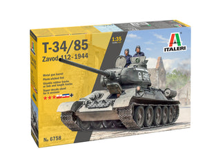 Portada de la caja de la maqueta del carro sovietico T-34/85 de la planta 112 en escala 1:35 de Italeri referencia 6758