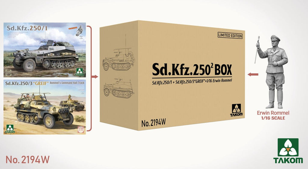 TAKOM (1/35) Sd.Kfz.250² BOX Sd.Kfz.250/1 + Sd.Kfz.250/3 "GREIF" + 1/16 Erwin Rommel (Limited Edition)