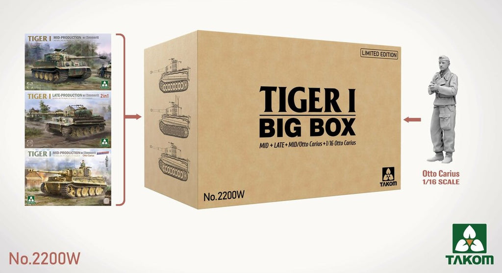 TAKOM (1/35) Tiger I Big Box - Mid, Late, Mid/Otto Carius and 1/16 Otto Carius (Limited Edition)
