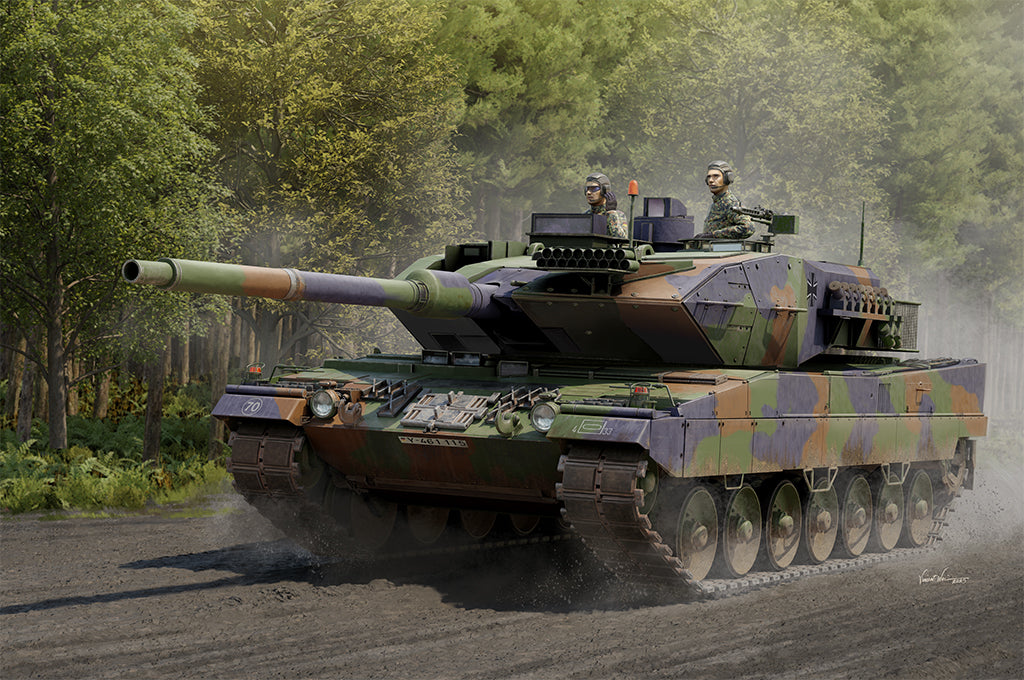 Portada de la caja de la maqueta del carro de combate Leopard 2A6 en escala 1:16 de Trumpeter referencia 00966