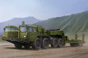 Portada de la caja de la maqueta del camión pesado chino Maz-7410 con remolque en escala 1:35 de Trumpeter referencia 01056