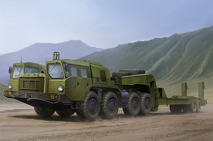 Portada de la caja de la maqueta del camión pesado chino Maz-7410 con remolque en escala 1:35 de Trumpeter referencia 01056