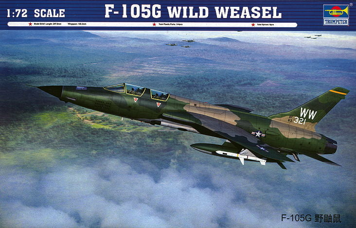 Portada de la caja de la maqueta del cazabombardero norteamericano F-105G Wild Weasel en escala 1:72 de Trumpeter referencia 01618