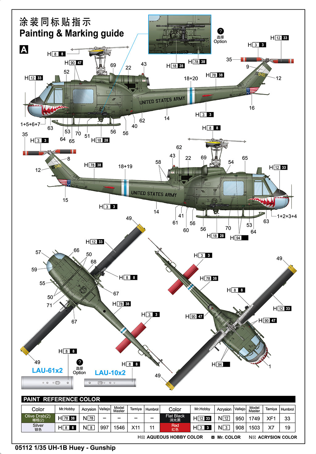 Decoración 1 de la maqueta del helicóptero norteamericano UH-1B Huey en escala 1:35 de Trumpeter referencia 05112