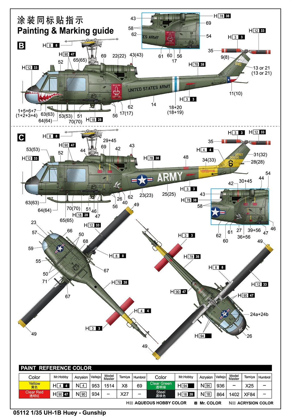 Decoraciones 2 y 3 de la maqueta del helicóptero norteamericano UH-1B Huey en escala 1:35 de Trumpeter referencia 05112