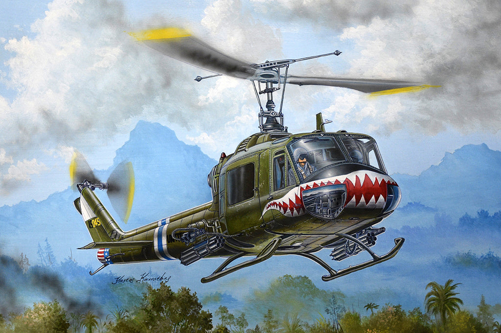 Portada de la caja de la maqueta del helicóptero norteamericano UH-1B Huey en escala 1:35 de Trumpeter referencia 05112