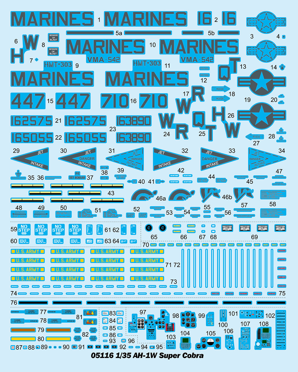 Calcas de la maqueta del helicóptero de ataque Super Cobra AH-1W en versión inicial en escala 1:35 de Trumpeter referencia 05116