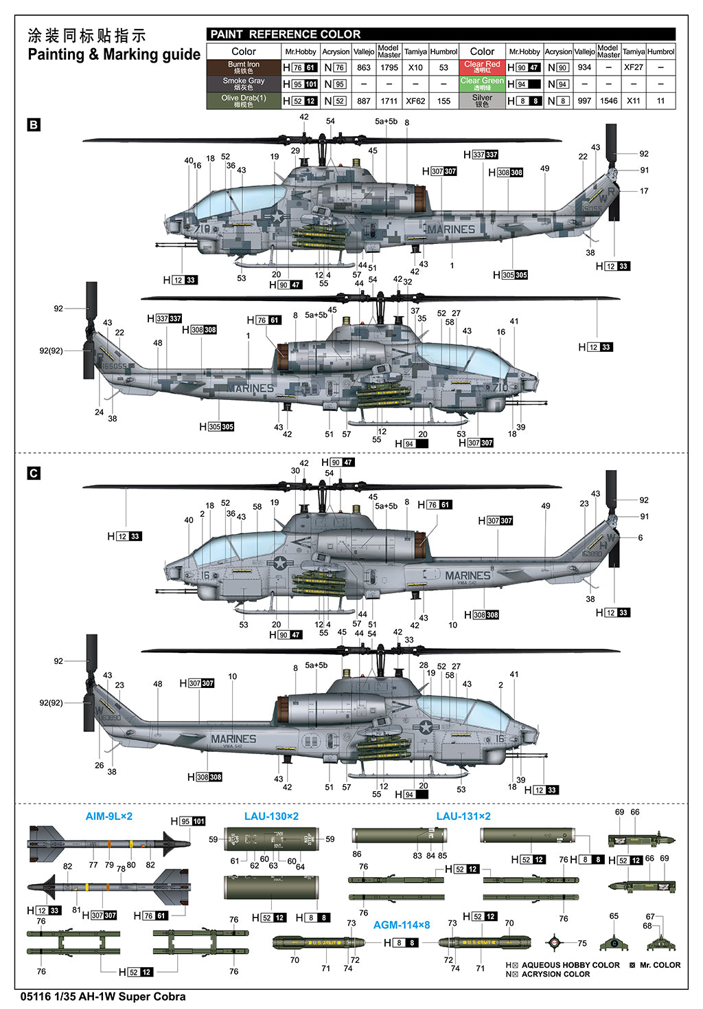 Decoración 2 y 3 de la maqueta del helicóptero de ataque Super Cobra AH-1W en versión inicial en escala 1:35 de Trumpeter referencia 05116
