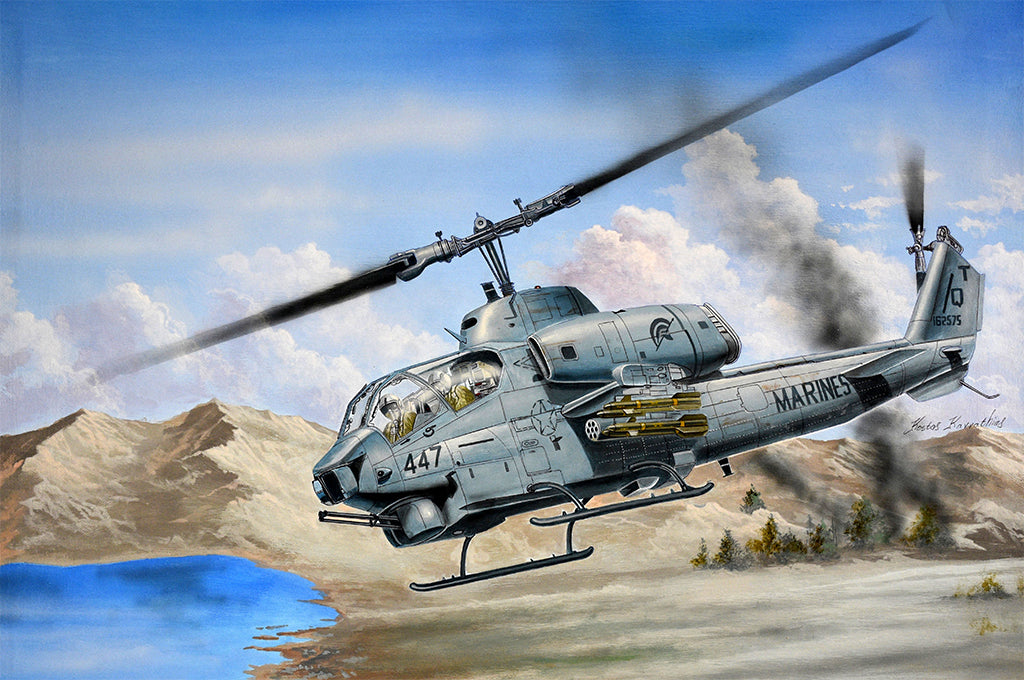 Portada de la caja de la maqueta del helicóptero de ataque Super Cobra AH-1W en versión inicial en escala 1:35 de Trumpeter referencia 05116