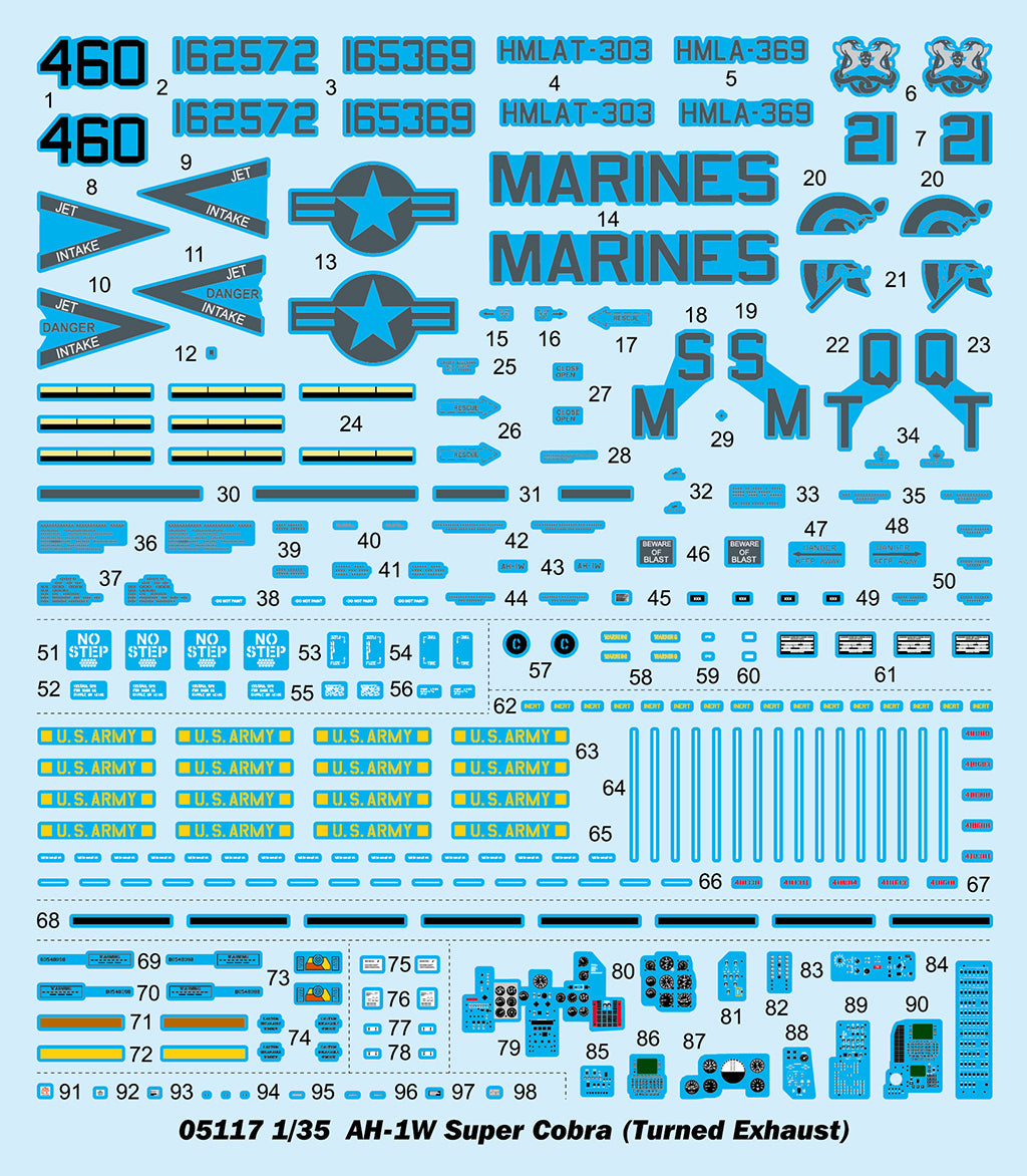 Calcas de la maqueta del helicóptero de ataque Super Cobra AH-1W en versión tardía en escala 1:35 de Trumpeter referencia 05117
