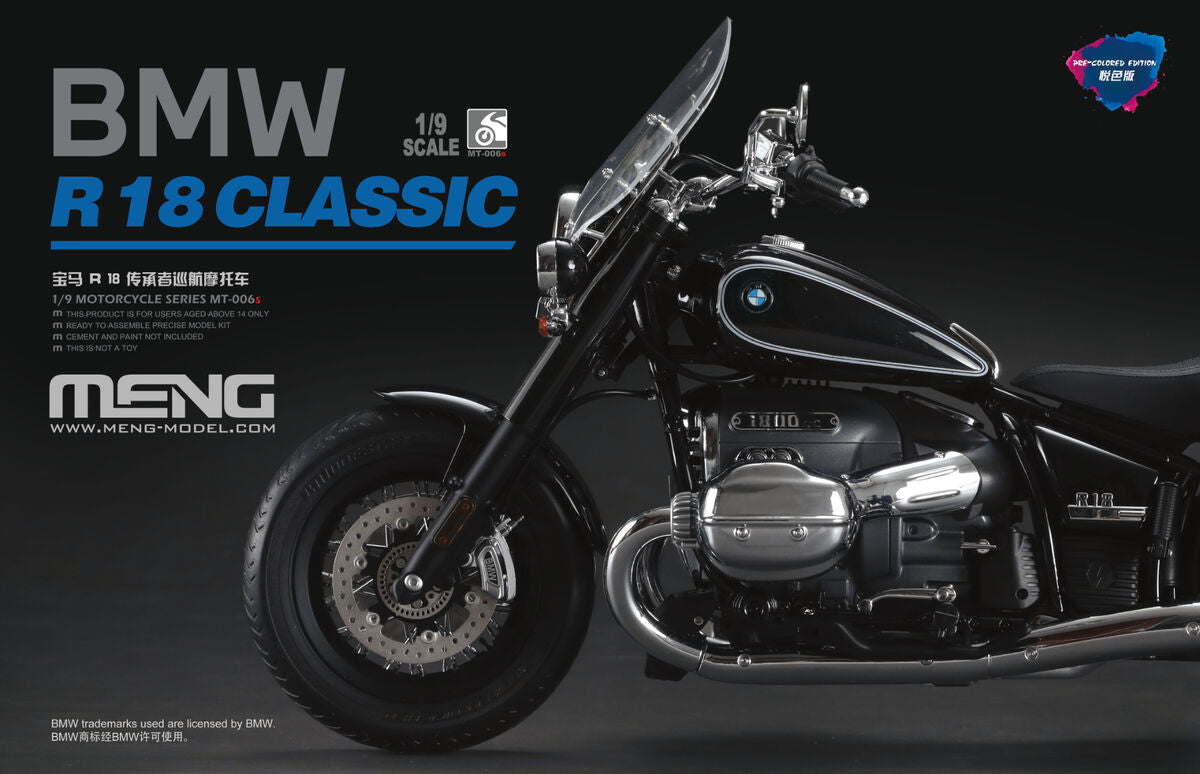 Portada de la caja de la maqueta de la moto BMW R18 Classic en escala 1:9 precoloreada de Meng referencia MT-006S
