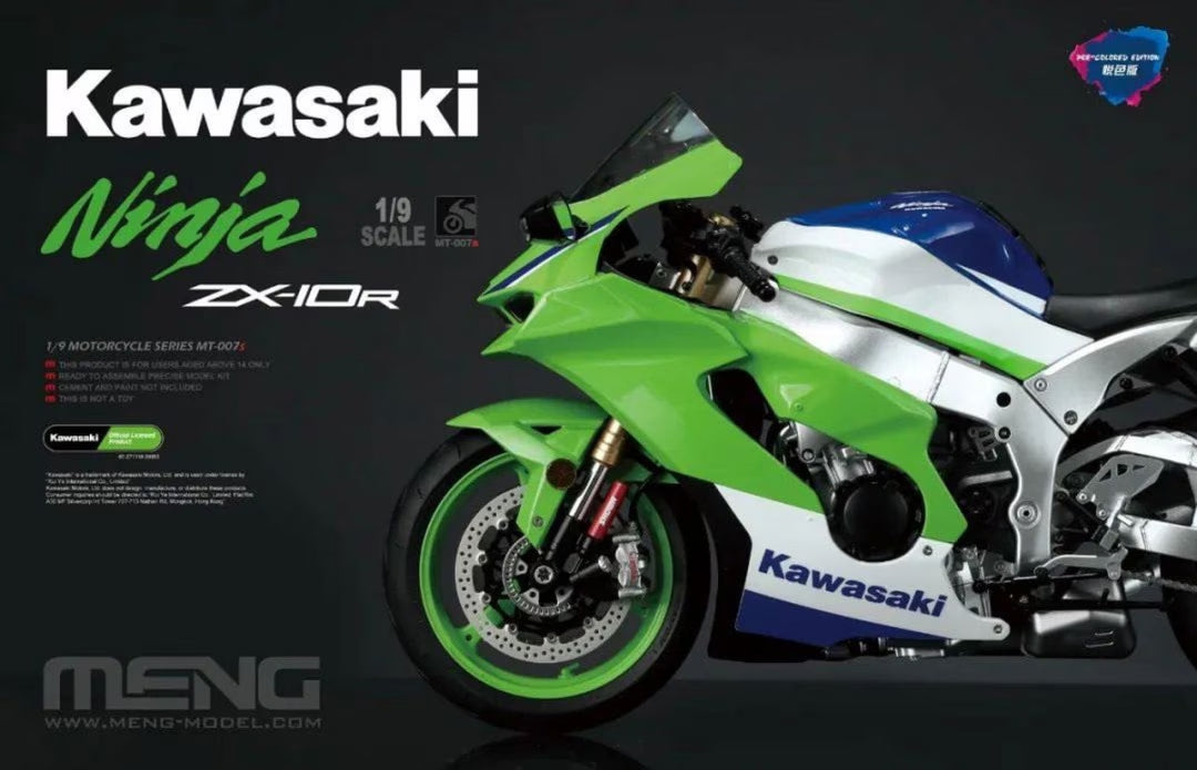 Portada de la caja de la maqueta de la moto Kawasaki ZX-10R Ninja en escala 1:9 prepintada de Meng referencia TS-007s