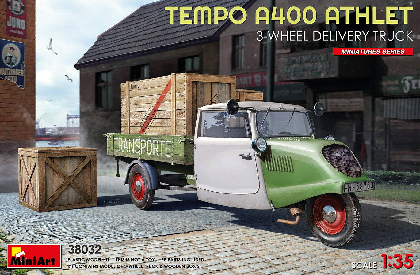 Foto de la portada de la maqueta de la furgoneta de carga de 3 ruedas Tempo A400 Athlet en escala 1:35 de Miniart referencia 38032