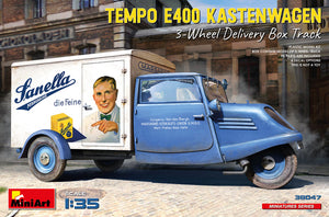 Portada de la caja de la maqueta del camión nevera de reparto alemán Tempo E400 de tres ruedas en escala 1:35 de Miniart referencia 38047