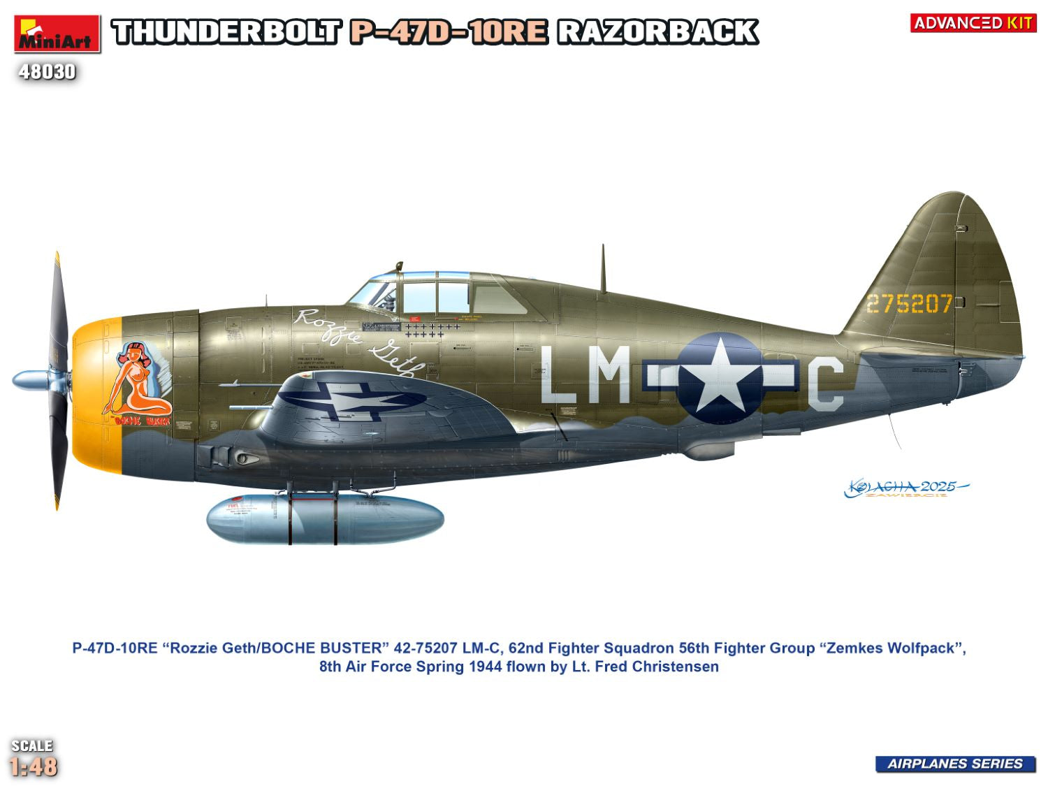 Esquema de decoración 2 de la maqueta del caza norteamericano P-47D 10RE Razorback en escala 1:48 de Miniart referencia 48030