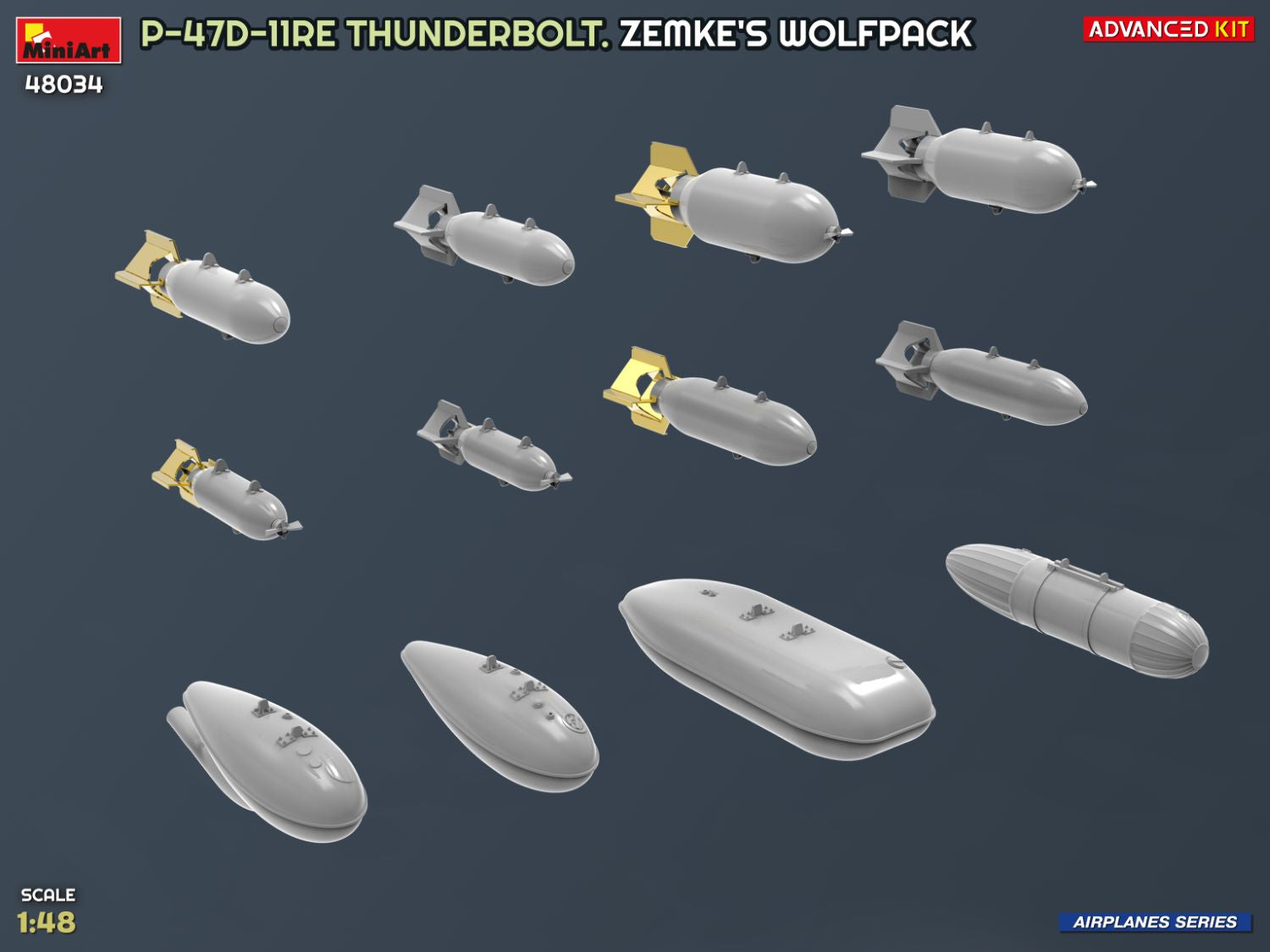 Detalle de las distintas bombas y depósitos de combustible que se incluyen para la maqueta del P-47D-11RE Razorback Advanced Kit en escala 1:48 de Miniart referencia 48034
