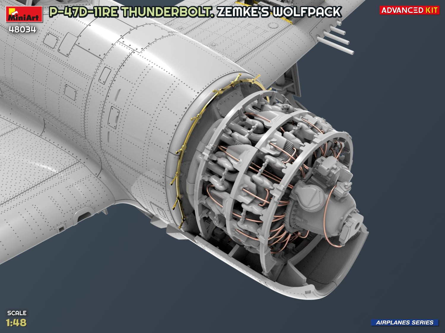 Detalle del motor de la maqueta del P-47D-11RE Razorback Advanced Kit en escala 1:48 de Miniart referencia 48034