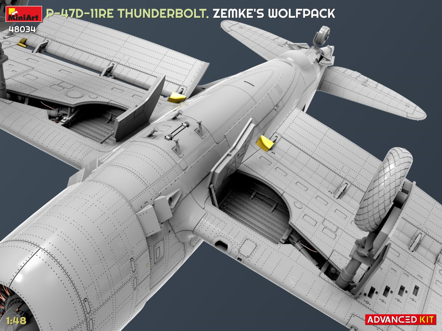 Detalle de los pozos de los trenes de aterrizaje de la maqueta del P-47D-11RE Razorback Advanced Kit en escala 1:48 de Miniart referencia 48034