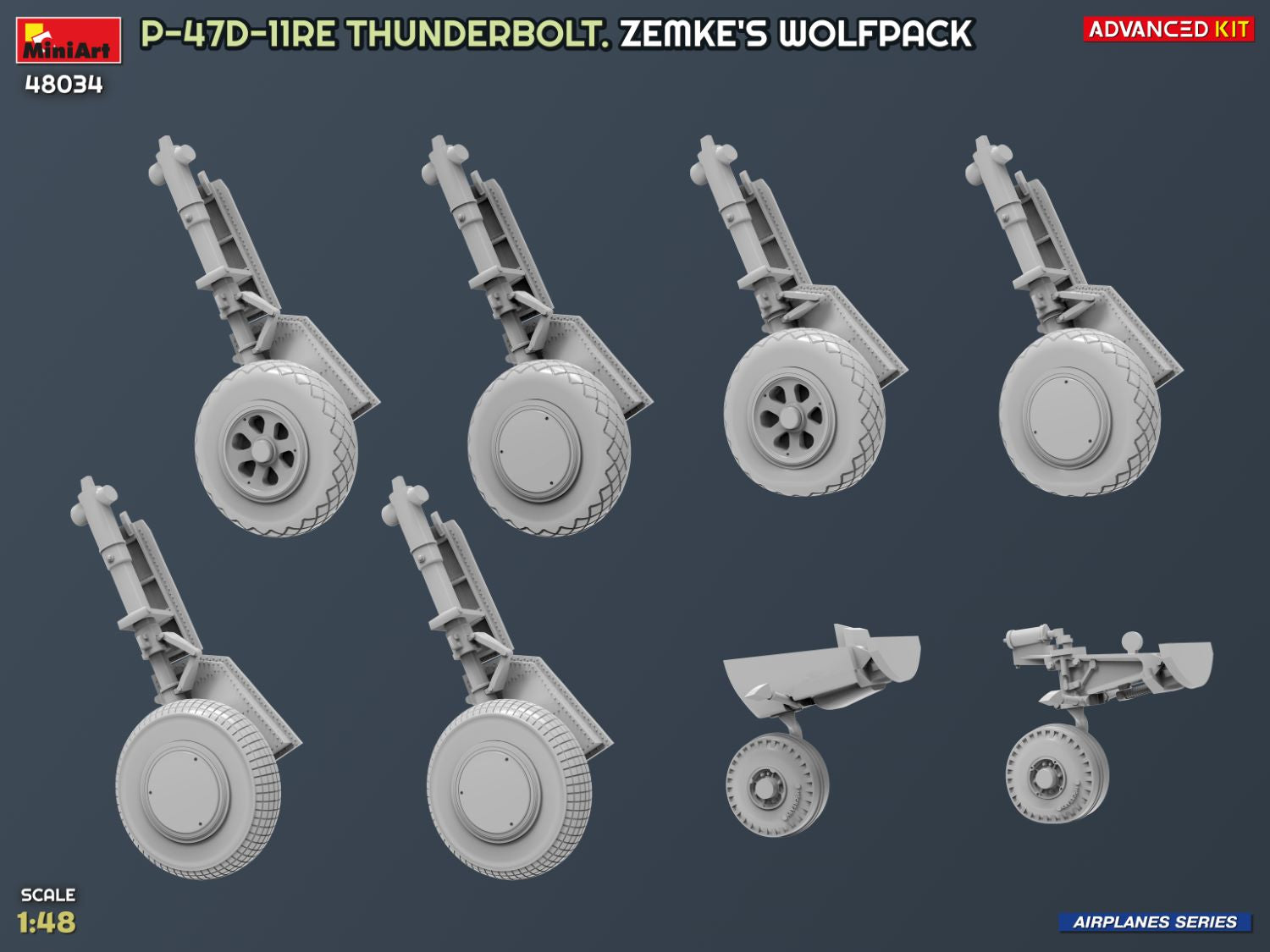 Detalle de las distintas versiones de trenes de aterrizaje que se incluyen para la maqueta del P-47D-11RE Razorback Advanced Kit en escala 1:48 de Miniart referencia 48034